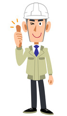 サムズアップするヘルメットを被った作業着の男性
