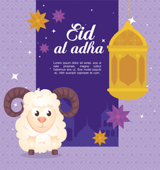 celebration of muslim community festival eid al adha, card with sacrificial sheep and lanterns hanging vector illustration design