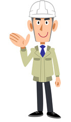 案内するヘルメットを被った作業着の男性
