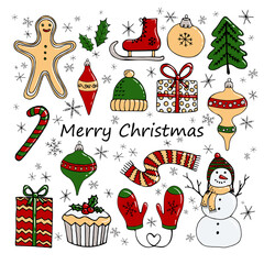 Colorful sticker set. Snowman, mittens, cupcake, Christmas tree, New Year's toys, cookie, hat, skates, gift, snowflakes, sweet cane. Concept Holidays. Hand drawn vector illustration in doodle style.