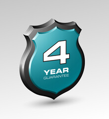Shield with a text guarantee four year icon. Warranty 4 year Label obligations. Safeguard shield sign. Protect promise reliability badge. Security guaranteed shield illustration