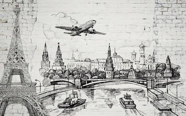 Fototapety  ilustracja 3d, stary lekki ceglany mur, kontury zabytków świata, samolot na niebie i łodzie na rzece