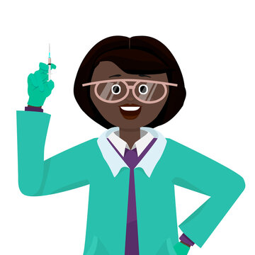 Smiling black-skinned young woman in glasses, medical gown and gloves with syringe in her hand. Cartoon character. Flat style isolated on white vector illustration.