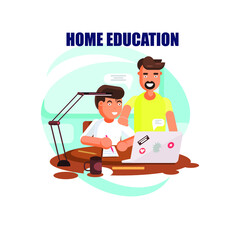 home schooling,Father help son doing school homework together.
    Child sitting at the desk and writing,child learning online with laptop,
    flat vector illustration in cartoon style