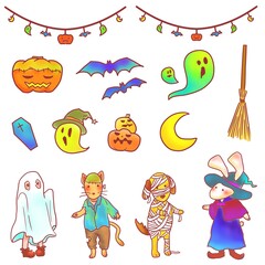 Set of Halloween illustrations with animal disguise.
