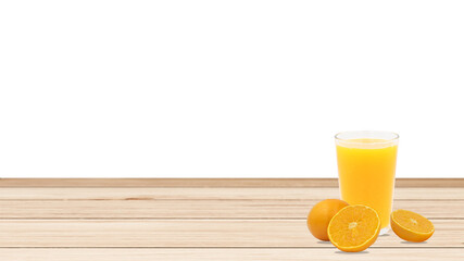 A glass of orange juice on the wooden table and white background.