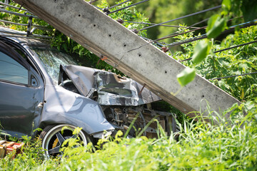 Car crash pole,the image of car crashes into electricity pole