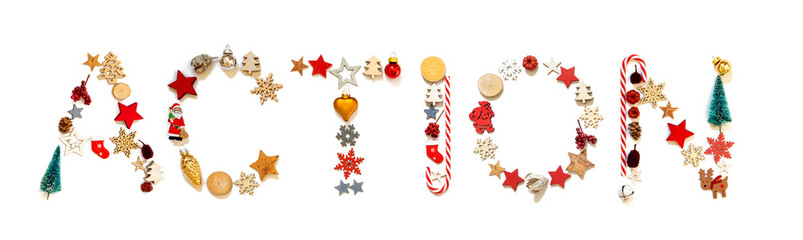 Colorful Christmas Decoration Letter Building English Word Action. Festive Ornament Like Christmas Tree, Star And Ball. White Isolated Background