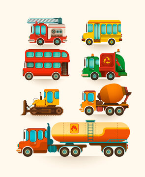 Set of various vehicles in retro style. Vector illustration.	