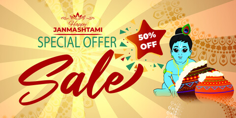 concept of festive background for Indian festival janmashtami with text mean janamashtami, vector illustration ,festive offer banner , flyer, greeting 