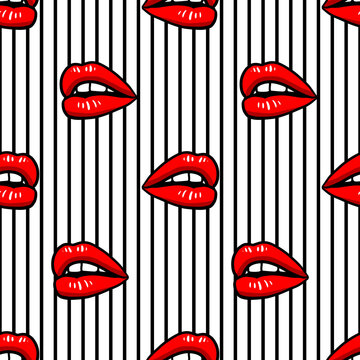 Vector seamless pattern with lips on geometric background. Hand drawn illustration. Texture for print.