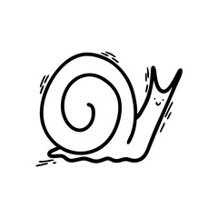 A Doodle-style snail with a funny face. Sketch is a black outline. Icon of the cochlea. Print for a t-shirt or your design. Vector illustration.