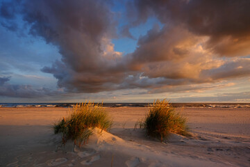 Krajobraz Morza Bałtyckiego,wschód słońca ,plaża w Kołobrzegu,Polska.