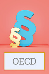 OECD (Organisation für wirtschaftliche Zusammenarbeit und Entwicklung). Begriff auf Schild. Präsentation von Paragrafen auf Podest in Museum. Symbol für Recht, Gesetz, Urteil. Rosa Hintergrund