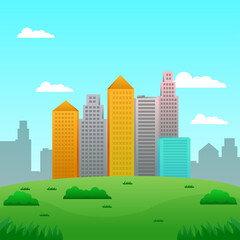 Urban landscape vector with buildings and bright sky suitable for illustration or background