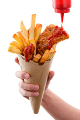 Tasty fish and chips on white background