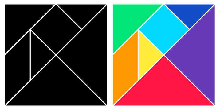 Tangram black and colorful base square brain game with pieces flat style design vector illustraition isolated on whiye background.