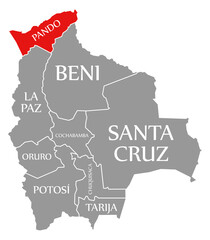 Pando red highlighted in map of Bolivia
