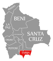 Fototapeta na wymiar Tarija red highlighted in map of Bolivia