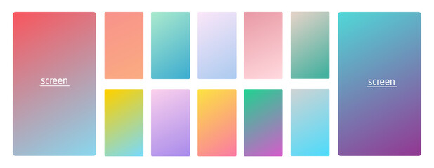 Obraz premium Pastel gradient smooth and vibrant soft color background set for devices, pc and modern smartphone screen soft pastel color backgrounds vector ux and ui design illustration isolated on white.
