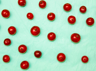 Red currant on a blue background, top view. Template made of fresh berries.