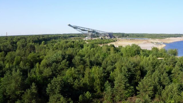 Aerial view of the big brown coal conveyor, the F 60, today a museum, in Lusatian Lake District, Germany. 4k