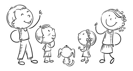 Family with two kids and a puppy looking up, copy space for your design