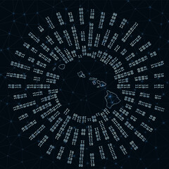 Hawaii digital map. Binary rays radiating around glowing island. Internet connections and data exchange design. Vector illustration.