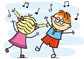 dancing and singing kids, dancing couple, funny vector illustration