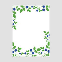 Vector frame decorated with blueberry branches with green leaves.