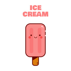 Pink ice cream icon. Strawberry ice cream. Ice cream logo. Kawaii cartoon style. Illustration vector.