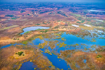 Fototapeta na wymiar Aerial view, Okavango Wetlands, Okavango Grasslands, Okavango Delta, UNESCO World Heritage Site, Ramsar Wetland, Botswana, Africa