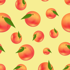 Seamless pattern of bright saturated color peaches of different sizes on a yellow background.