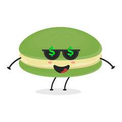 Cute flat cartoon matcha macarons illustration. Vector illustration of cute macarons with a smiling expression. Cute green tea macaron mascot design