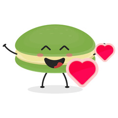 Cute flat cartoon matcha macarons illustration. Vector illustration of cute macarons with a smiling expression. Cute green tea macaron mascot design