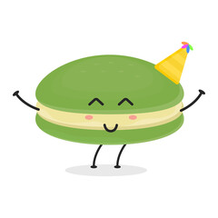 Cute flat cartoon matcha macarons illustration. Vector illustration of cute macarons with a smiling expression. Cute green tea macaron mascot design