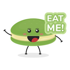 Cute flat cartoon matcha macarons illustration. Vector illustration of cute macarons with a smiling expression. Cute green tea macaron mascot design