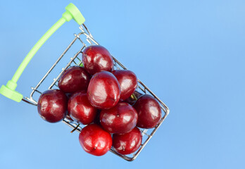 Sweet cherry in a grocery basket on a blue background.