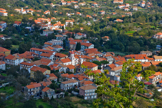 Panoramic view of the old town of Bomerano on the mountains of the Amalfi coast.