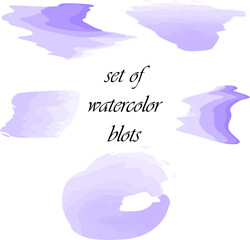 Set of watercolor blots in vector. Digital image of lilac blots. Isolated over white background. Color spots from a paint in a vector. Can be used for business cards, for blog, print or background.