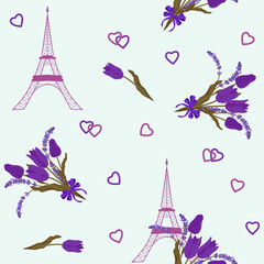 Fototapeta na wymiar Seamless vector illustration with Eiffel tower and spring flowers.