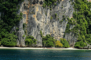 Eroded overgrown limestone rocks in Phang Nga Bay, Ao Phang Nga Marine National Park, Thailand,