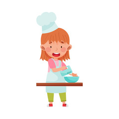 Cute Girl Character in Hat and Apron Standing at Kitchen Table and Mixing Pastry Vector Illustration