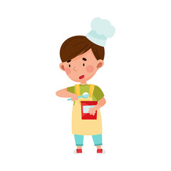 Cute Boy Character in Hat and Apron Carrying Sugar Ingredient for Baking Vector Illustration