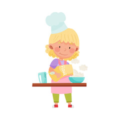 Little Girl Character in Hat and Apron Standing at Kitchen Table and Baking Cake Vector Illustration