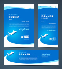Airplane takeoff fly curves theme Set flyer cover, banner, roll up banner © vectorboom
