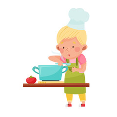 Little Boy Character in Hat and Apron Standing at Kitchen Table and Cooking Soup Vector Illustration