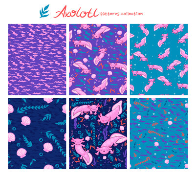 Collection of seamless patterns with axolotl and underwater elements. Vector graphics.