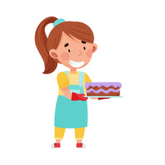 Cheerful Girl Carrying Baked Cake on Tray Vector Illustration