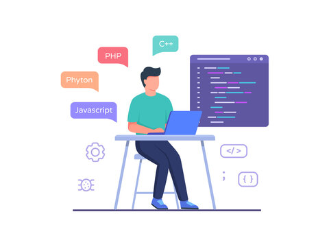 Software engineer sit in chair working on laptop use programming language code with flat cartoon style.